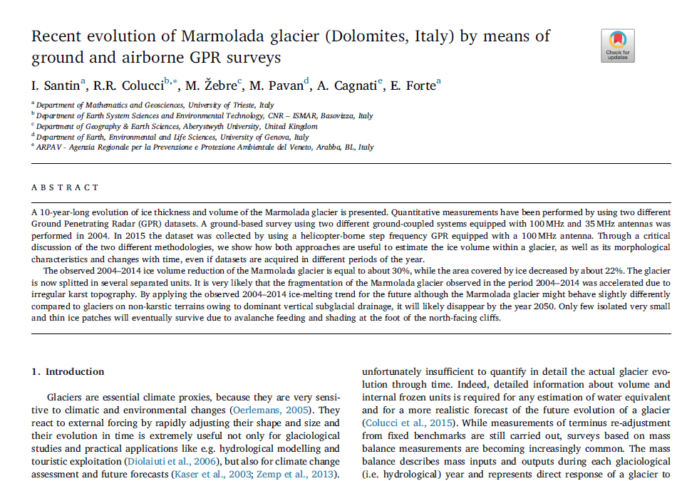 Recent evolution of Marmolada glacier (Dolomites, Italy) by means of ground and airborne GPR surveys